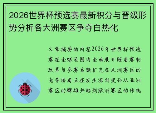 2026世界杯预选赛最新积分与晋级形势分析各大洲赛区争夺白热化